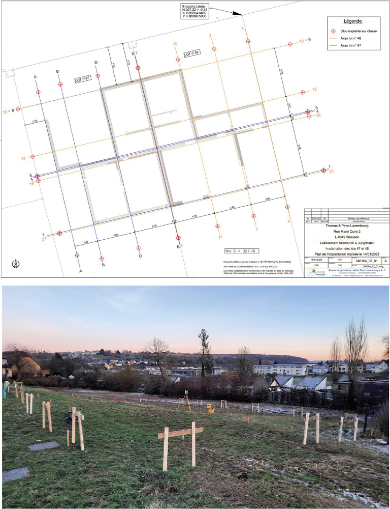 5	Lotissement à Junglinster - implantation des  axes d’une maison d’habitation. MOA : Thomas & Piron