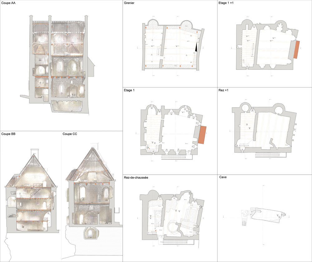 2	Château de Larochette - vues en plan et coupes de la maison de Créhange - relevé scan 3D. MOA : INPA